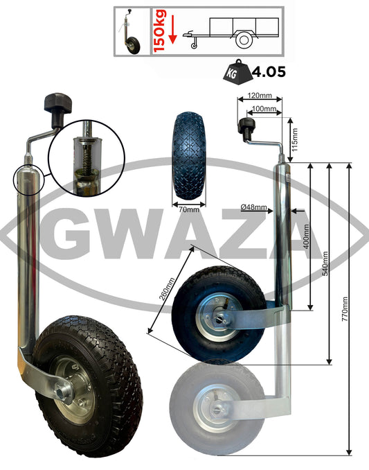 Jockey Wheel Pneumatic no Clamp 48 mm N.W.L 150kg